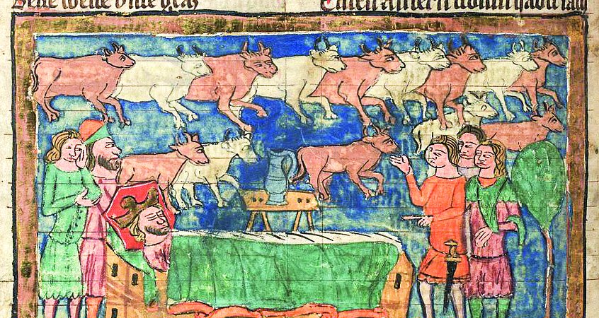 Josef deutet dann den Traum des Pharao – die sieben mageren Kühe, die die fetten Kühe fressen.