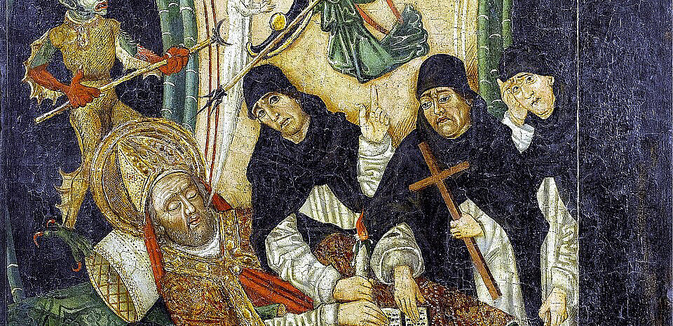 Ein Engel und ein Teufel im „Kampf“ um die Seele eines sterbenden Bischofs. Katalanisches Tempera-Gemälde, 15. Jahrhundert