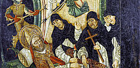Ein Engel und ein Teufel im „Kampf“ um die Seele eines sterbenden Bischofs. Katalanisches Tempera-Gemälde, 15. Jahrhundert