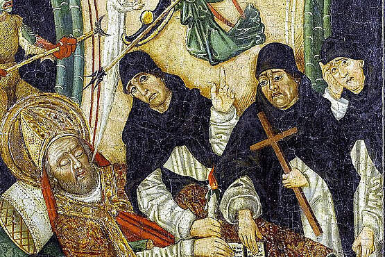 Ein Engel und ein Teufel im „Kampf“ um die Seele eines sterbenden Bischofs. Katalanisches Tempera-Gemälde, 15. Jahrhundert