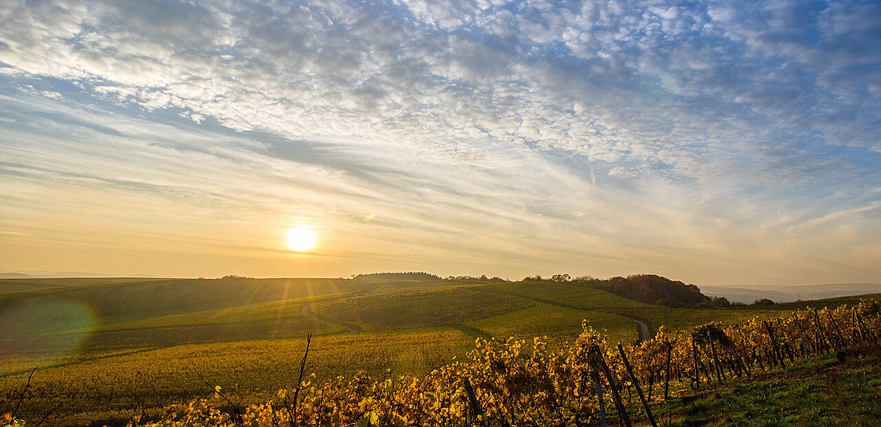 Ein Sonnenuntergang im Hintergrund einen hügeligen Herbstlandschaft