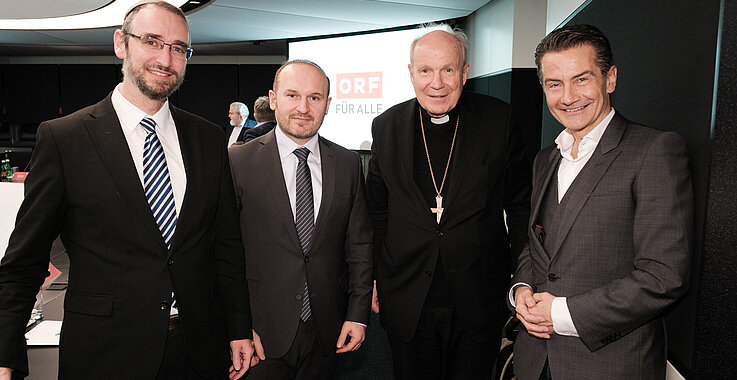 Oberrabbiner Jaron Engelmayer, IGGÖ-Präsident Ümit Vural, Kardinal Christoph Schönborn und ORF-Generaldirektor Roland Weißmann beim Treffen der Religionsgemeinschaften im ORF. 